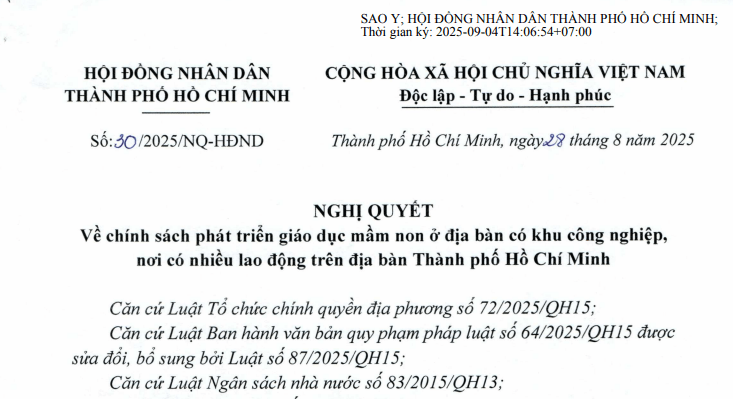 Đã có Nghị quyết 30/2025/NQ-HĐND về chính sách phát triển giáo dục mầm non tại Thành phố Hồ Chí Minh.