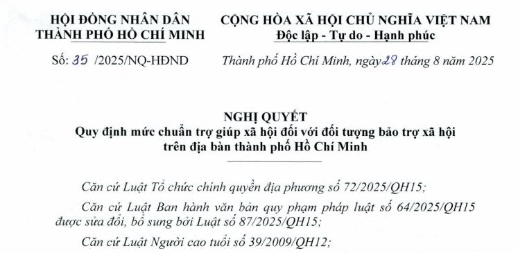 Toàn văn Nghị quyết 35/2025/NQ-HĐND về mức chuẩn trợ giúp xã hội trên địa bàn TP.HCM
