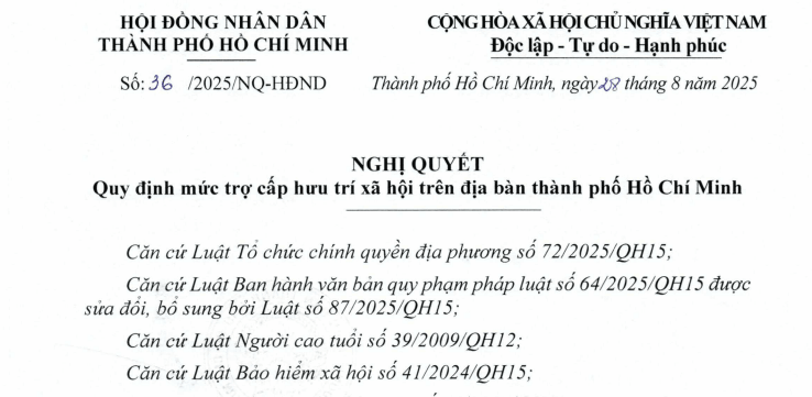 Đã có Nghị quyết 36/2025/NQ-HĐND về mức trợ cấp hưu trí xã hội trên địa bàn TP.HCM