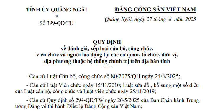 Quy định 399-QĐ/TU về đánh giá xếp loại cán bộ công chức viên chức bằng KPI tại Quảng Ngãi có nội dung như thế nào?