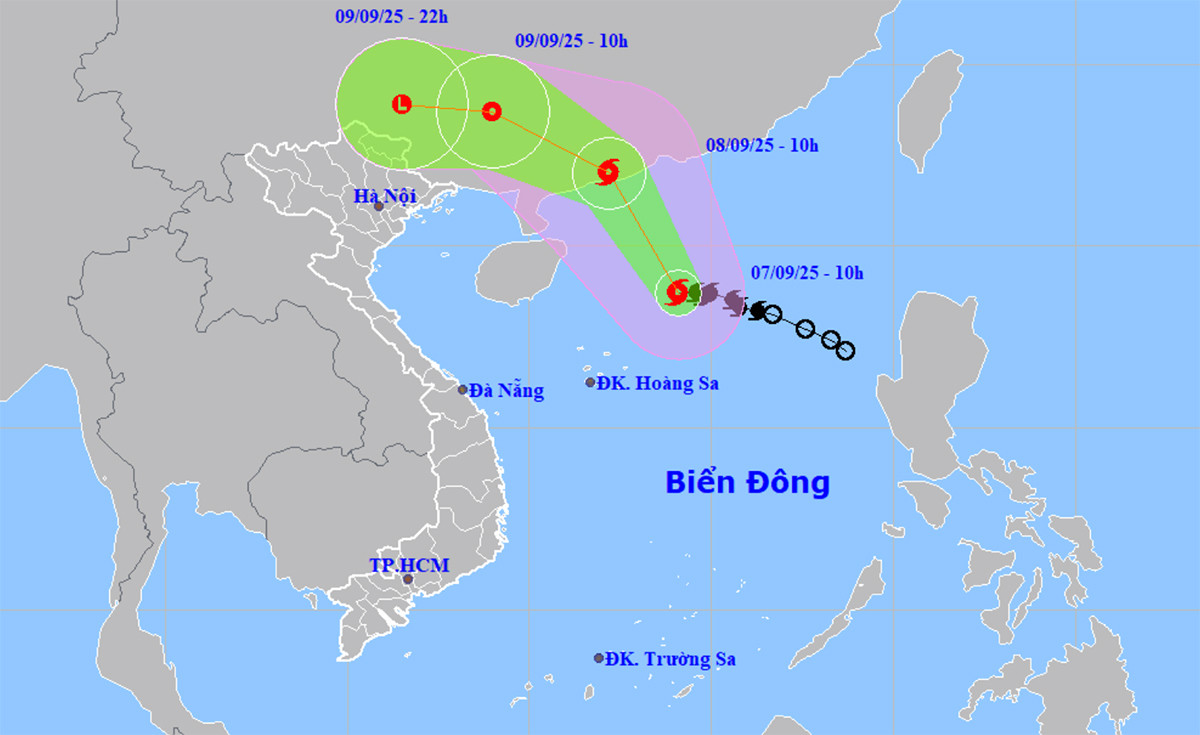 Bản đồ dự báo đường đi, khu vực ảnh hưởng của bão số 7 Tapah. (Nguồn: NCHMF)