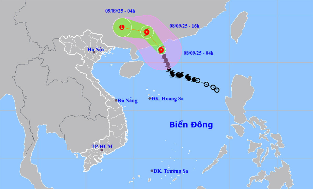 Bản đồ dự báo đường đi, khu vực ảnh hưởng của bão số 7 Tapah. (Nguồn: NCHMF)
