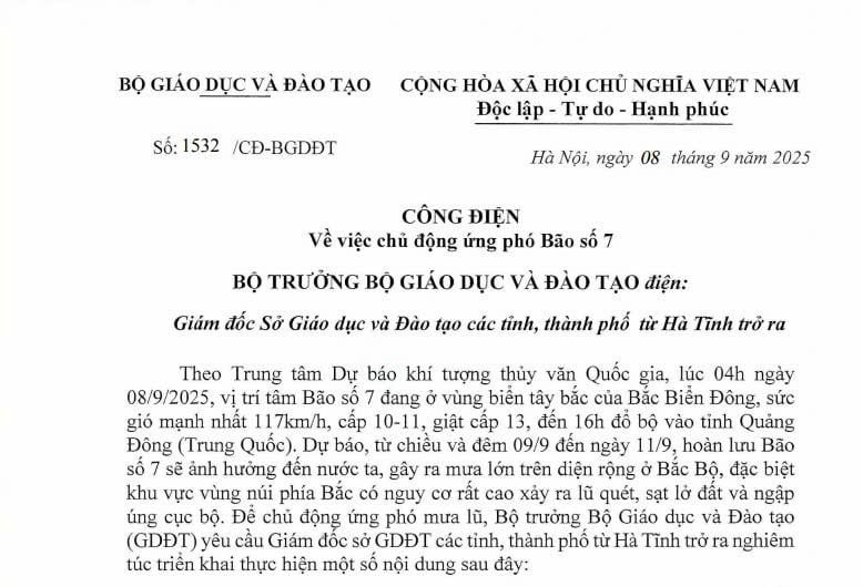 Công điện 1532/CĐ-BGDĐT: Tạm hoãn lịch học trong những ngày mưa bão diễn biến phức tạp (Bão số 7) 