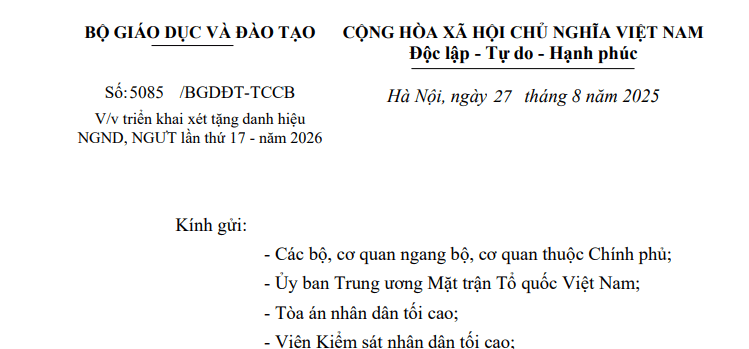 Công văn 5085: Hướng dẫn mới về xét tặng danh hiệu Nhà giáo nhân dân, Nhà giáo ưu tú  lần thứ 17-năm 2026