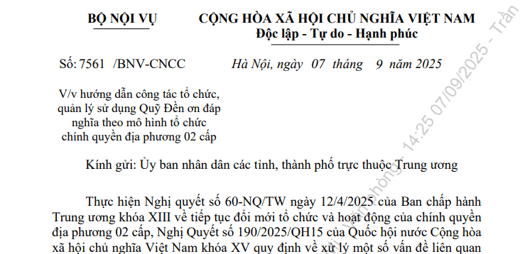 Công văn 7561: Hướng dẫn mới về Quỹ Đền ơn đáp nghĩa khi tổ chức chính quyền địa phương 02 cấp