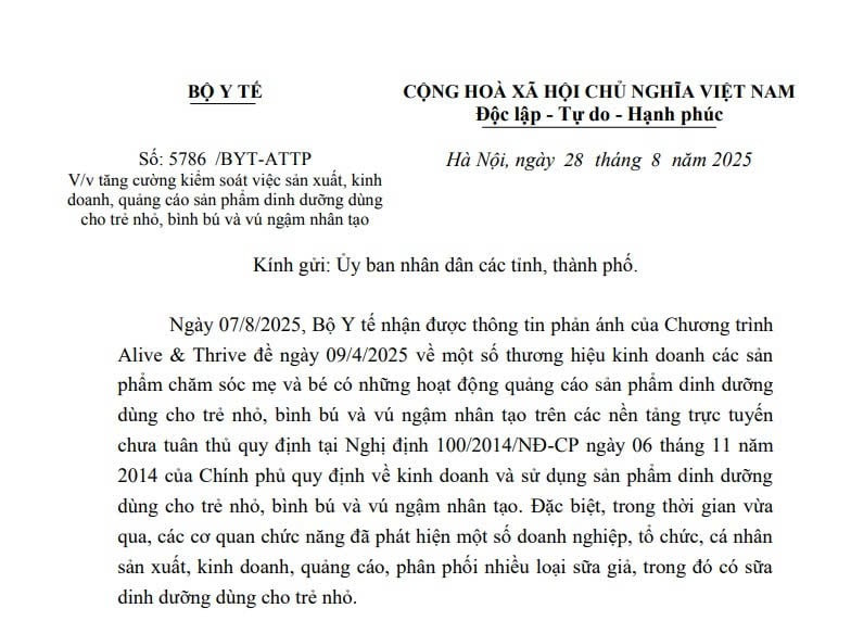 Công văn 5786: Tăng cường kiểm soát sản xuất kinh doanh, quảng cáo sản phẩm dinh dưỡng dùng cho trẻ nhỏ