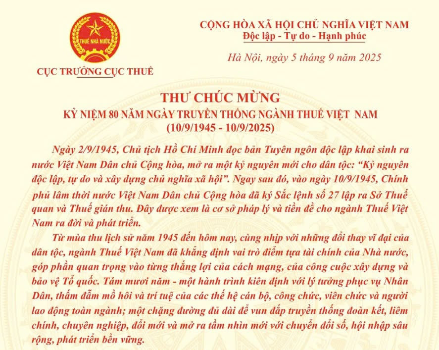 Thư chúc mừng Ngày Truyền thống ngành Thuế Việt Nam của Cục trưởng Cục Thuế (10/9/1945 - 10/9/2025)