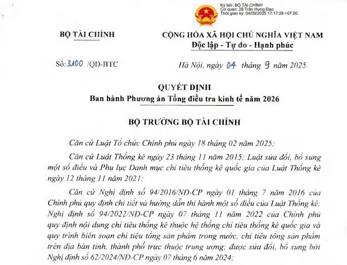 Quyết định 3100/QĐ-BTC: Phương án Tổng điều tra kinh tế năm 2026