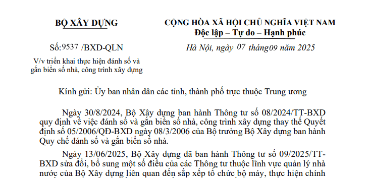 Công văn 9537: Chỉ đạo mới về đánh số và gắn biển số nhà, công trình xây dựng sau khi sáp nhập tỉnh