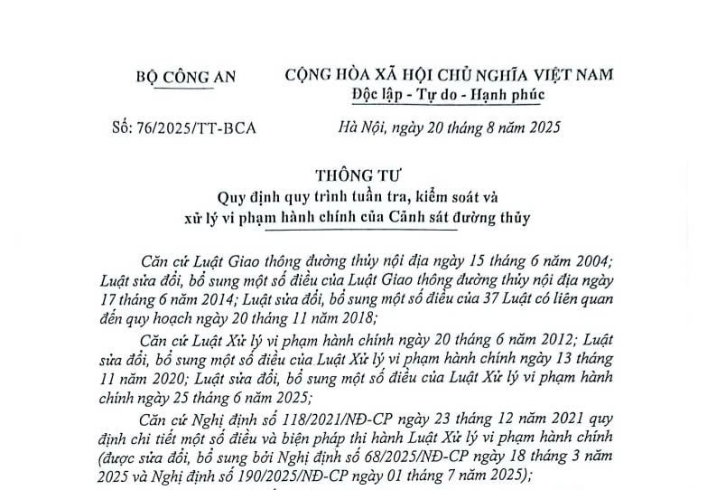 Đã có Thông tư 76/2025/TT-BCA về quy trình tuần tra và xử lý vi phạm hành chính của Cảnh sát đường thủy từ 10/10/2025