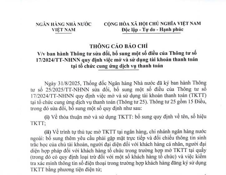 Thông tư 25/2025/TT-NHNN: Nội dung sửa đổi Thông tư 17/2024/TT-NHNN về mở và sử dụng tài khoản thanh toán tại tổ chức cung ứng dịch vụ thanh toán