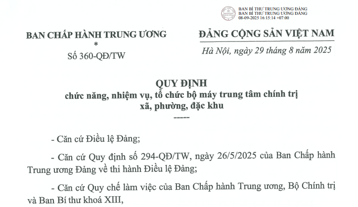 Đã có Quy định 360-QĐ/TW về tổ chức bộ máy trung tâm chính trị xã, phường, đặc khu