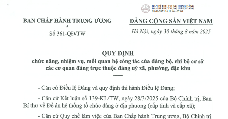 Đã có Quy định 361-QĐ/TW về chức năng nhiệm vụ của các cơ quan đảng cấp xã