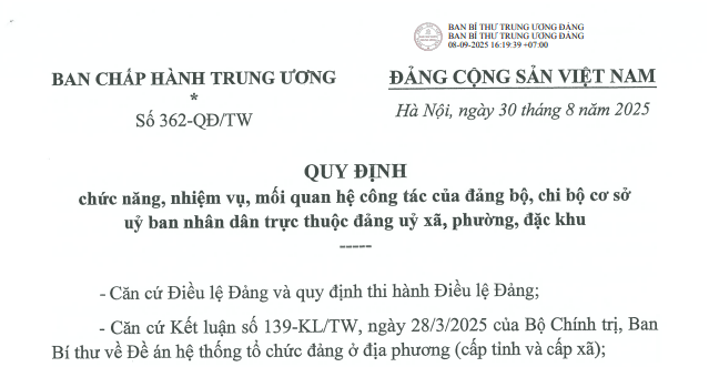 Đã có Quy định 362-QĐ/TW về chức năng nhiệm vụ đảng bộ, chi bộ Ủy ban nhân dân cấp xã