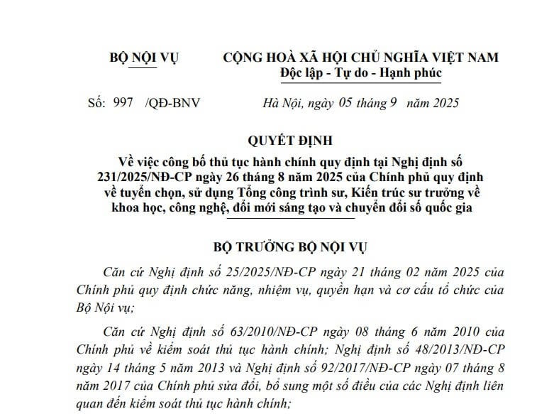 Quyết định 997/QĐ-BNV: Thủ tục tuyển chọn Tổng công trình sư, Kiến trúc sư trưởng theo Nghị định 231/2025