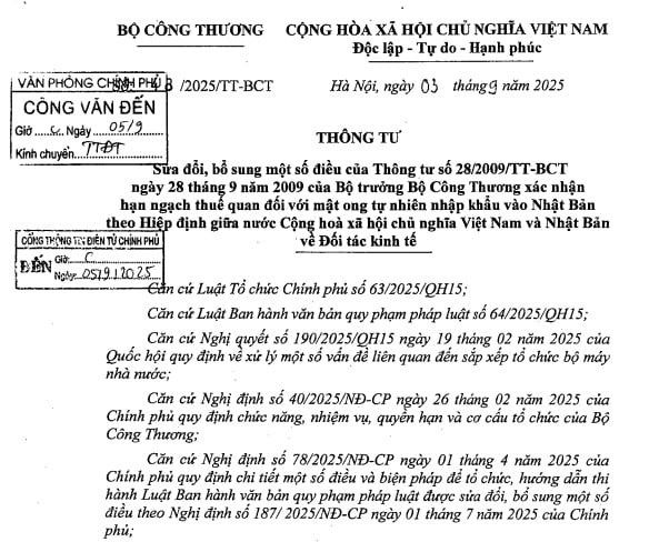 Thông tư 48/2025/TT-BCT sửa đổi Thông tư 28/2009/TT-BCT về hạn ngạch thuế quan đối với mật ong tự nhiên xuất khẩu Nhật Bản