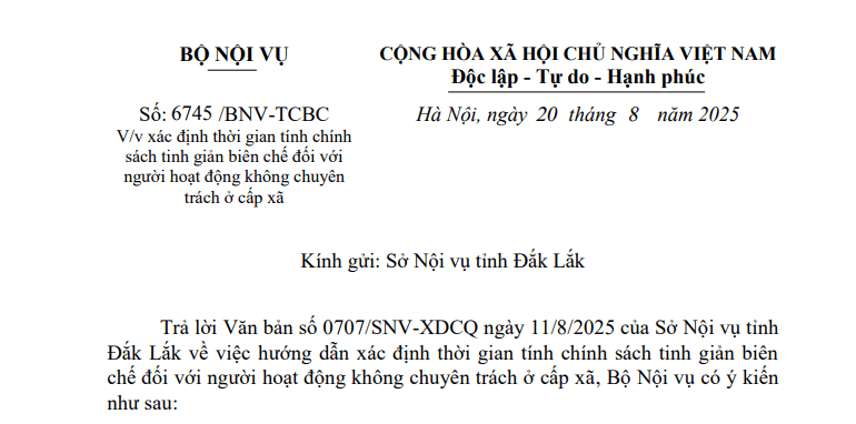 Công văn 6745/BNV-TCBC hướng dẫn mới của Bộ Nội vụ về tinh giản biên chế đối với cán bộ không chuyên trách