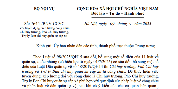 Đã có Công văn 7644/BNV-CCVC về tuyển dụng, xếp lương công chức Chỉ huy trưởng, Phó Chỉ huy trưởng cấp xã