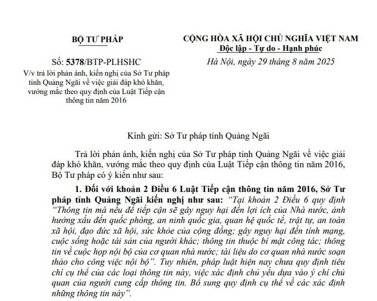 Công văn 5378: Bộ Tư pháp giải đáp khó khăn, vướng mắc theo quy định của Luật Tiếp cận thông tin 2016 