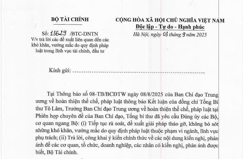 Công văn 13629/BTC-DNTN: Trả lời đề xuất liên quan đến vướng mắc quy định pháp luật về tài chính, đầu tư