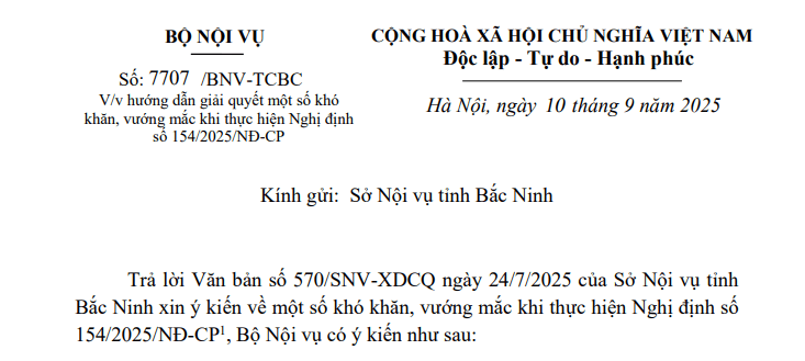 Đã có toàn văn Công văn 7707/BNV-TCBC giải quyết khó khăn vướng mắc tại Nghị định 154/2025 