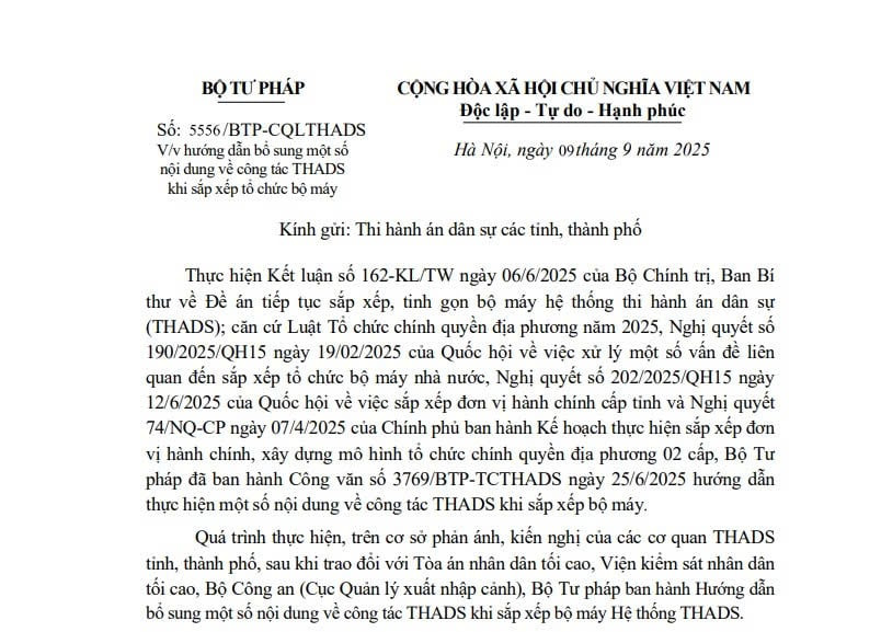 Công văn 5556: Hướng dẫn một số nội dung về công tác thi hành án dân sự khi sắp xếp bộ máy Hệ thống Thi hành án dân sự