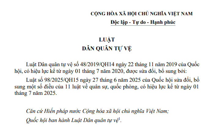Văn bản hợp nhất Luật Dân quân tự vệ mới nhất 2025