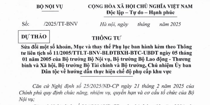 Toàn văn Dự thảo Thông tư sửa đổi quy định về hướng dẫn thực hiện chế độ phụ cấp khu vực