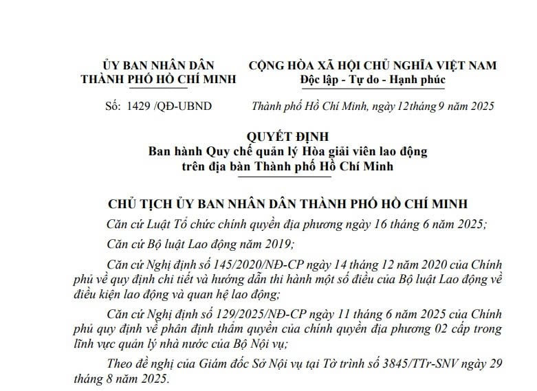 Quy chế quản lý Hòa giải viên lao động trên địa bàn TPHCM từ ngày 12/9/2025 