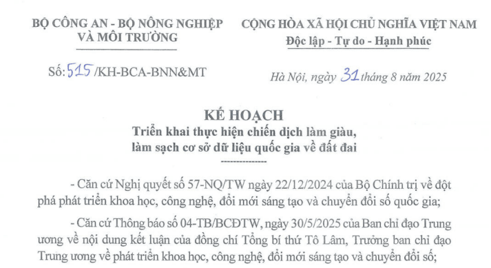 Kế hoạch triển khai chiến dịch làm giàu, làm sạch cơ sở dữ liệu quốc gia về đất đai