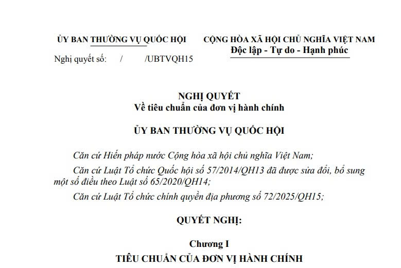 Cập nhật dự thảo Nghị quyết tiêu chuẩn của đơn vị hành chính 