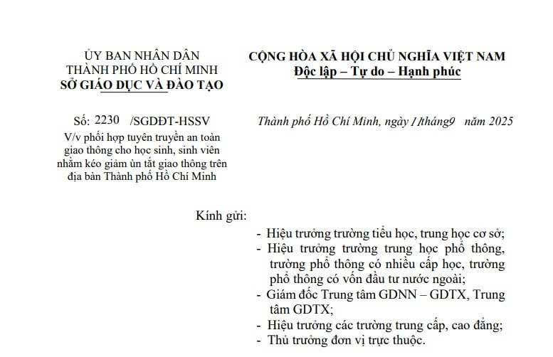 Công văn 2230: Hướng dẫn tuyên truyền an toàn giao thông cho học sinh sinh viên TPHCM nhằm giảm ùn tắc giao thông