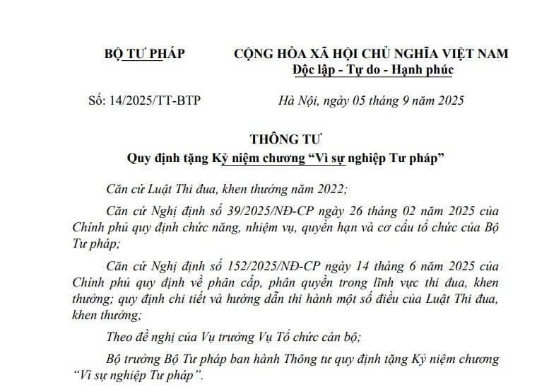 Đã có Thông tư 14/2025/TT-BTP quy định tặng Kỷ niệm chương Vì sự nghiệp Tư pháp từ ngày 15/9/2025