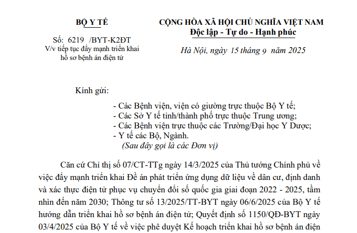 Công văn 6219/BYT-K2ĐT tiếp tục đẩy mạnh triển khai hồ sơ bệnh án điện tử