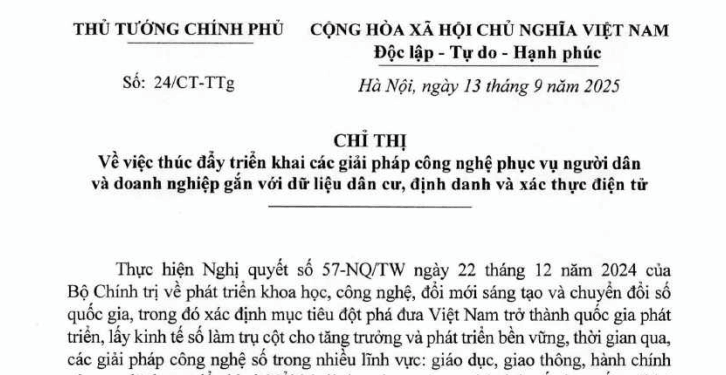 Đã có Chỉ thị 24/CT-TTg về thúc đẩy công nghệ gắn với dữ liệu dân cư và định danh điện tử