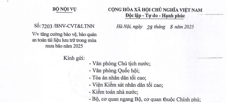 Công văn 7203: Bộ Nội vụ có chỉ đạo mới về bảo vệ bảo quản tài liệu lưu trữ trong mùa mưa bão năm 2025