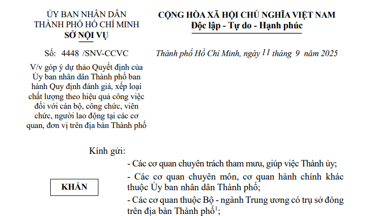 Công văn 4448/SNV-CCVC (khẩn) về dự thảo đánh giá cán bộ công chức viên chức theo hiệu quả công việc tại TPHCM