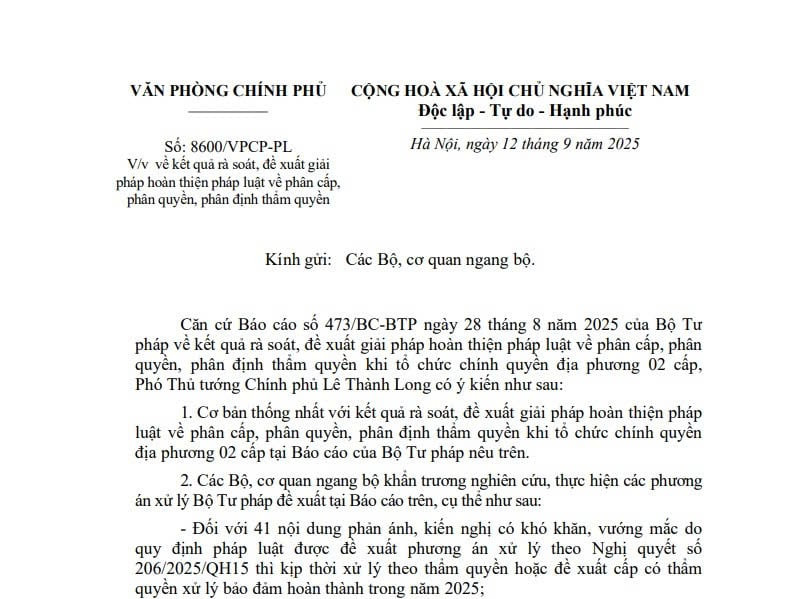 Công văn 8600: Kết quả rà soát, đề xuất hoàn thiện pháp luật về phân cấp phân quyền, và phân định thẩm quyền