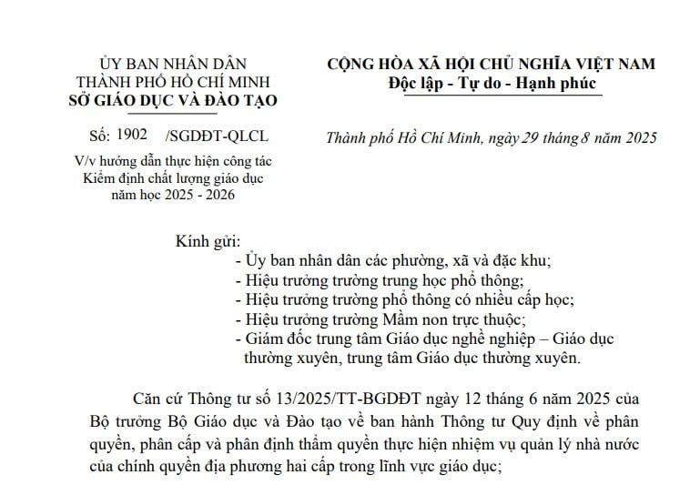 TPHCM: Hướng dẫn công tác Kiểm định chất lượng giáo dục năm học 2025 - 2026