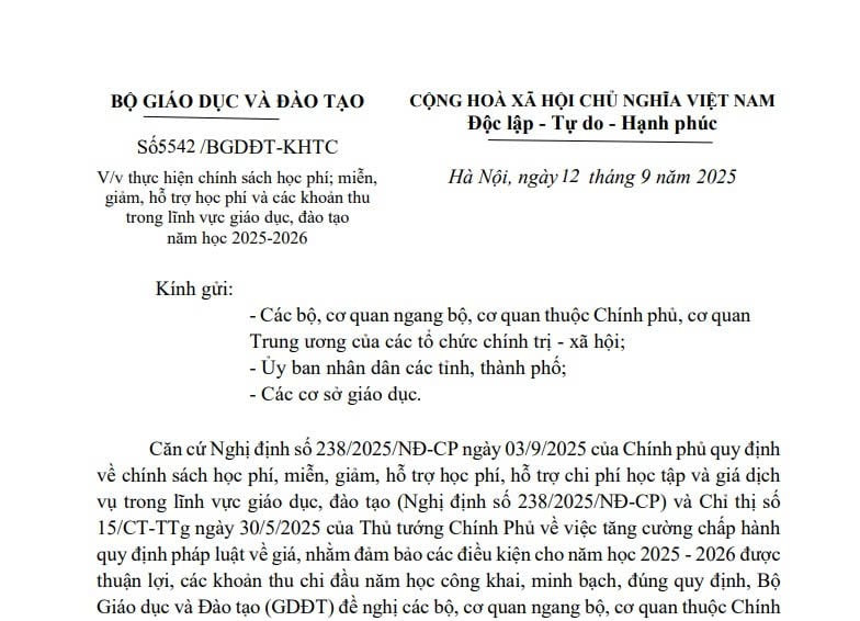 Công văn 5542/BGDĐT-KHTC: Hướng dẫn miễn giảm, hỗ trợ học phí và các khoản thu năm học 2025-2026 