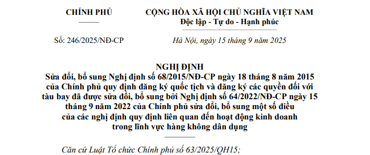 Đã có Nghị định 246/2025/NĐ-CP sửa đổi Nghị định về đăng ký quốc tịch và quyền tàu bay