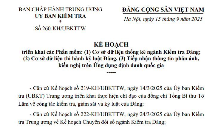 Đã có Kế hoạch 260 triển khai phần mềm Cơ sở dữ liệu thi hành kỷ luật Đảng