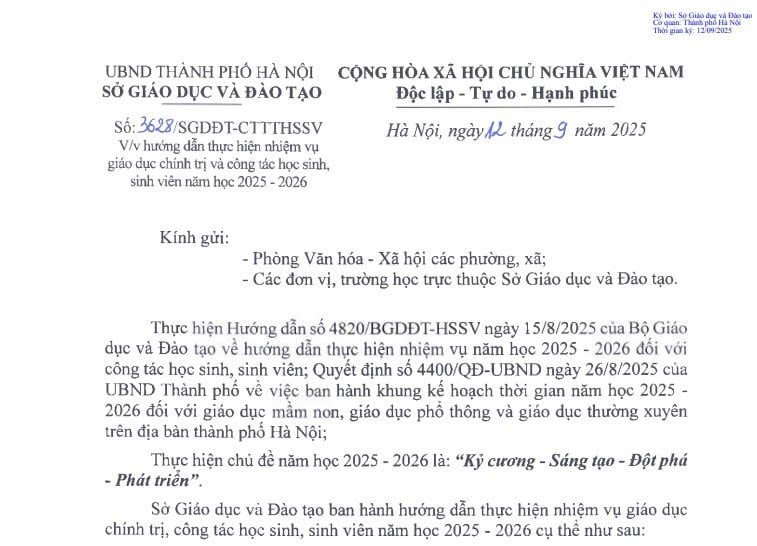 Công văn 3628: Hướng dẫn nhiệm vụ giáo dục chính trị và công tác học sinh sinh viên năm học 2025 - 2026 tại Hà Nội 