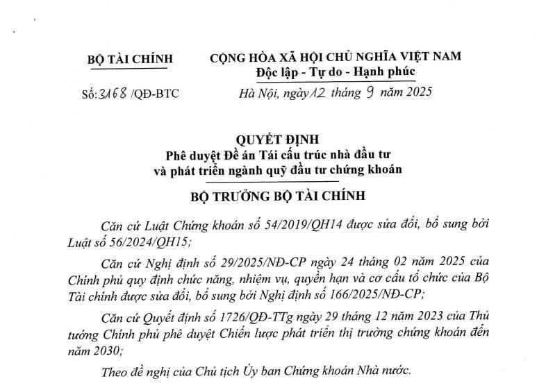 Quyết định 3168/QĐ-BTC: Đề án Tái cấu trúc nhà đầu tư và phát triển ngành quỹ đầu tư chứng khoán