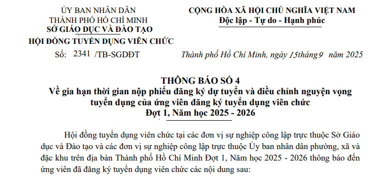 Thông báo 2341/TB-SGDĐT chính thức gia hạn thời gian đăng ký dự tuyển viên chức đợt 1 năm học 2025 - 2026