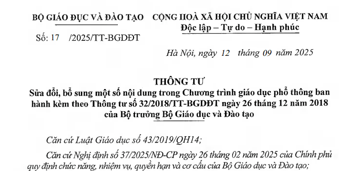 Đã có Thông tư 17/2025/TT-BGDĐT sửa đổi Chương trình giáo dục phổ thông năm 2018 ban hành kèm Thông tư 32/2018