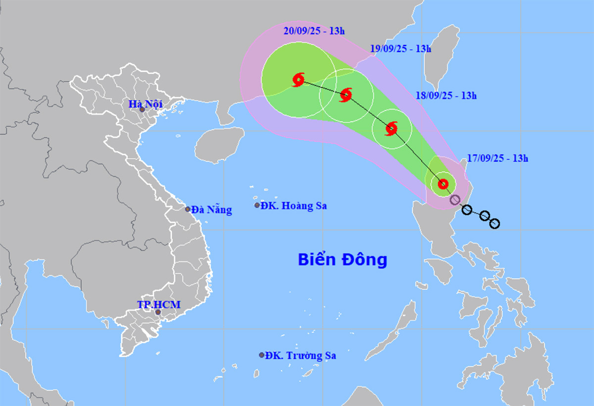 Bản đồ dự báo đường đi, khu vực ảnh hưởng của áp thấp nhiệt đới sắp đi vào Biển Đông và mạnh thành bão số 8. (Nguồn: NCHMF)