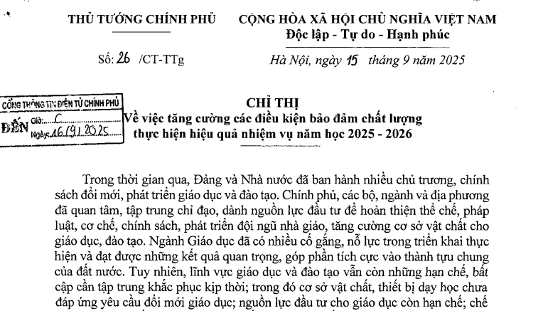 Đã có Chỉ thị 26/CT-TTg bảo đảm chất lượng thực hiện nhiệm vụ năm học 2025-2026