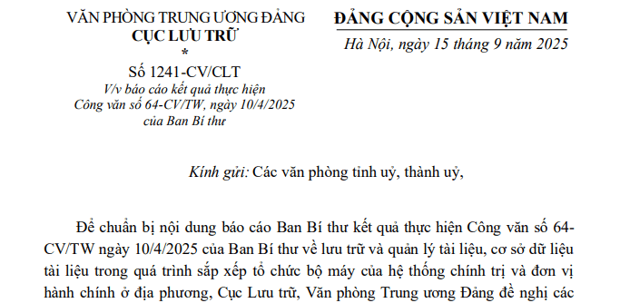 Công văn 1241-CV/CLT: Báo cáo Công văn 64-CV/TW về lưu trữ tài liệu khi sắp xếp đơn vị hành chính 