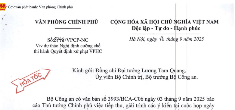 Công văn 8748: Chỉ đạo hỏa tốc về dự thảo Nghị định cưỡng chế thi hành Quyết định xử phạt VPHC